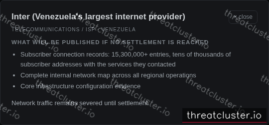 Leak-site post naming Inter (Venezuela's largest internet provider), captured by ThreatCluster