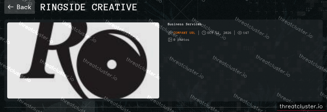 Leak-site post naming RingSide Creative, captured by ThreatCluster
