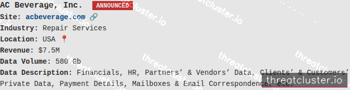 Leak-site post naming AC Beverage, Inc., captured by ThreatCluster