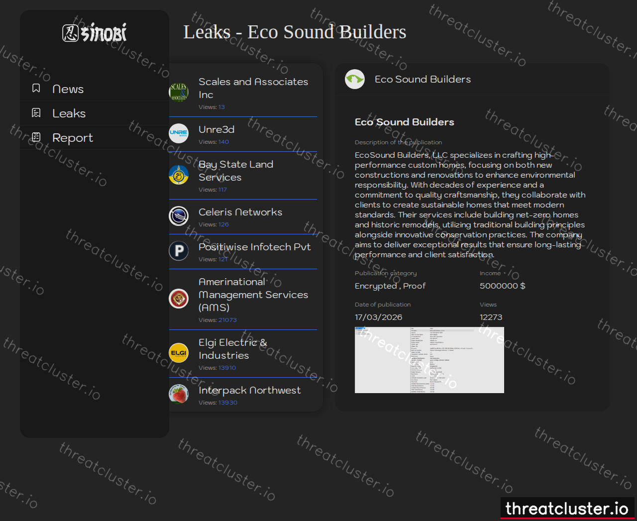 Leak-site post naming Eco Sound Builders, captured by ThreatCluster