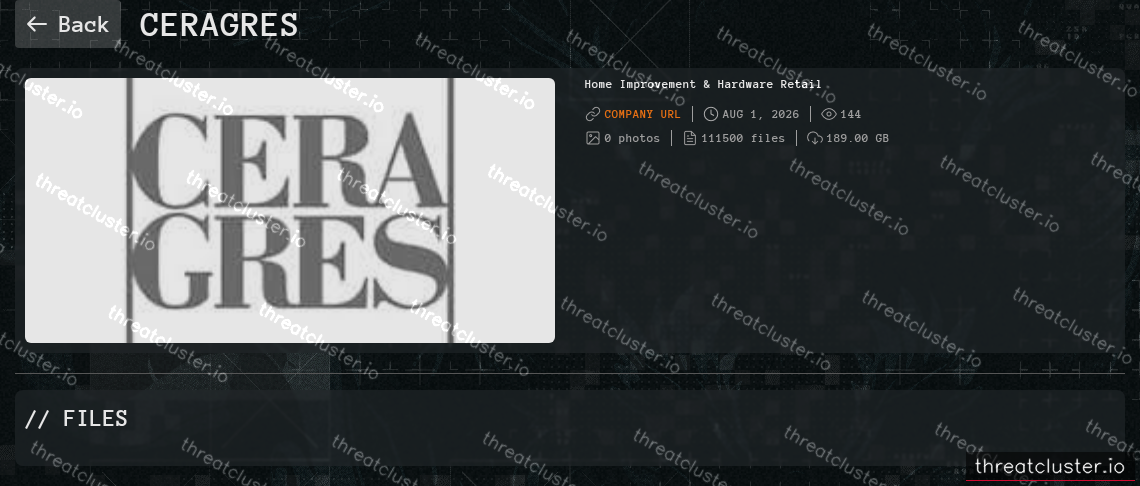 Leak-site post naming Ceragres, captured by ThreatCluster