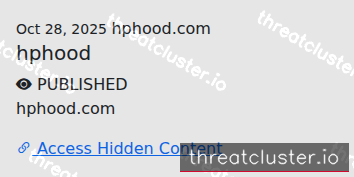 Leak-site post naming hphood.com, captured by ThreatCluster