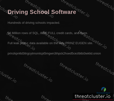 Leak-site post naming Driving School Software, captured by ThreatCluster