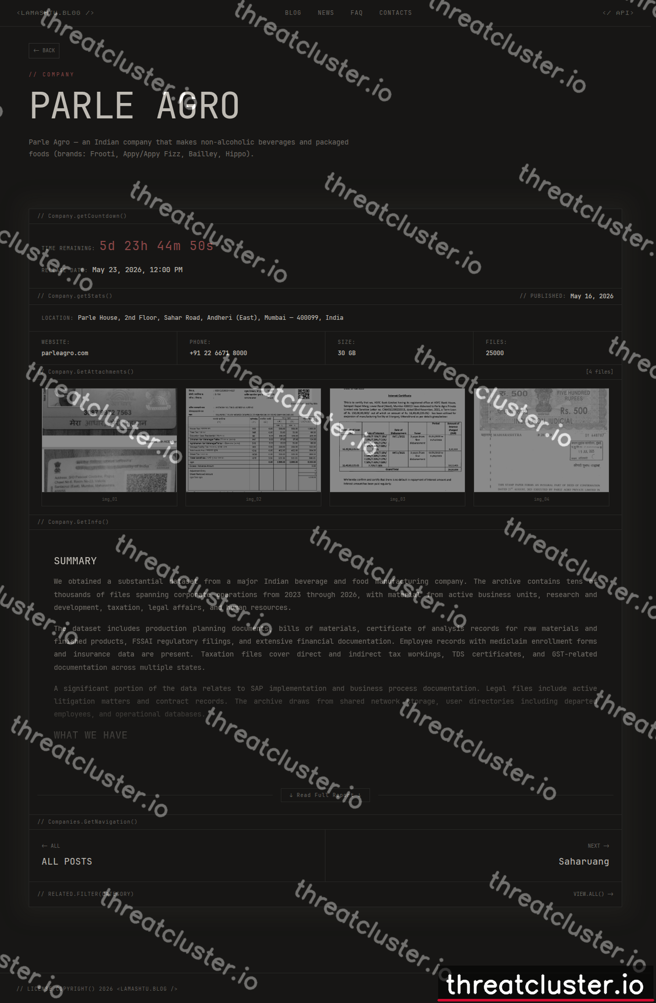 Leak-site post naming Parle Agro, captured by ThreatCluster