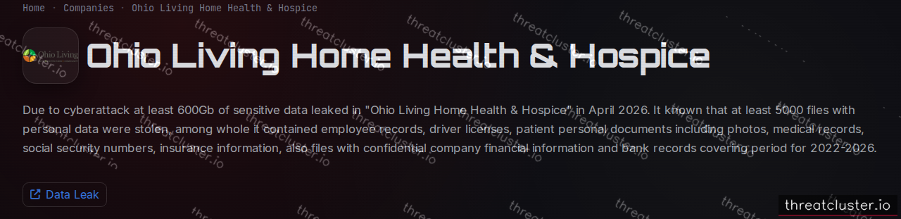 Leak-site post naming Ohio Living Home Health & Hospice, captured by ThreatCluster