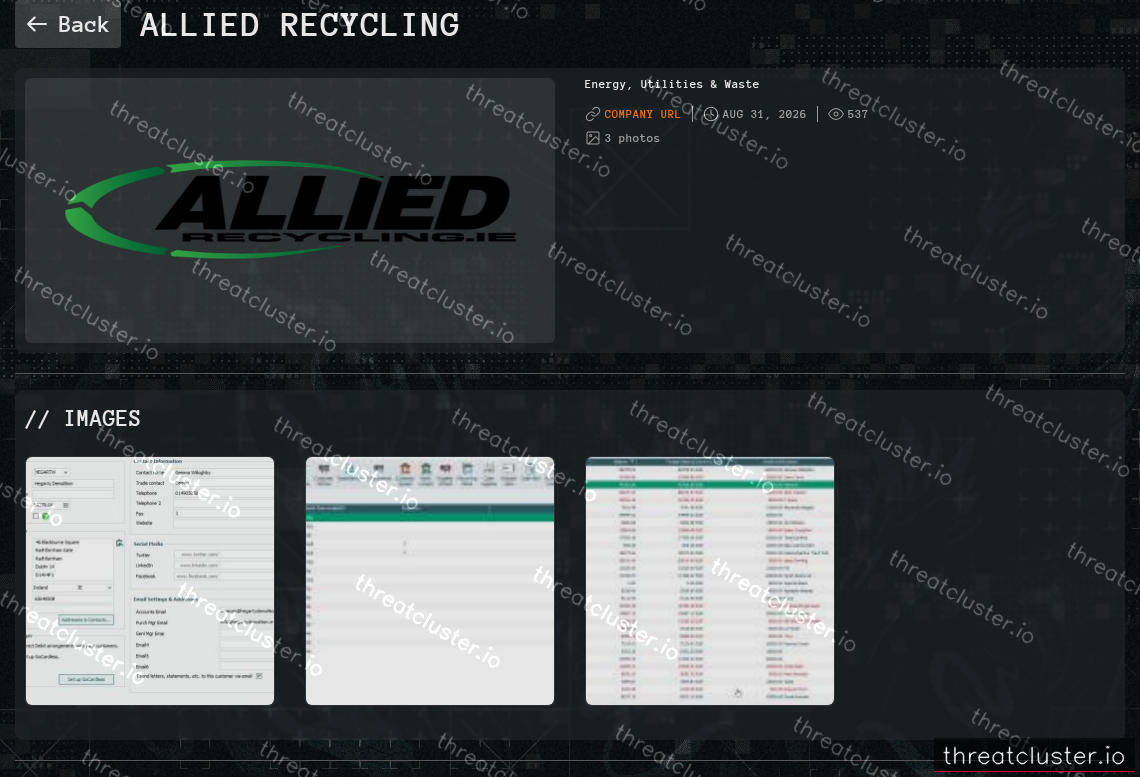 Leak-site post naming Allied Recycling, captured by ThreatCluster