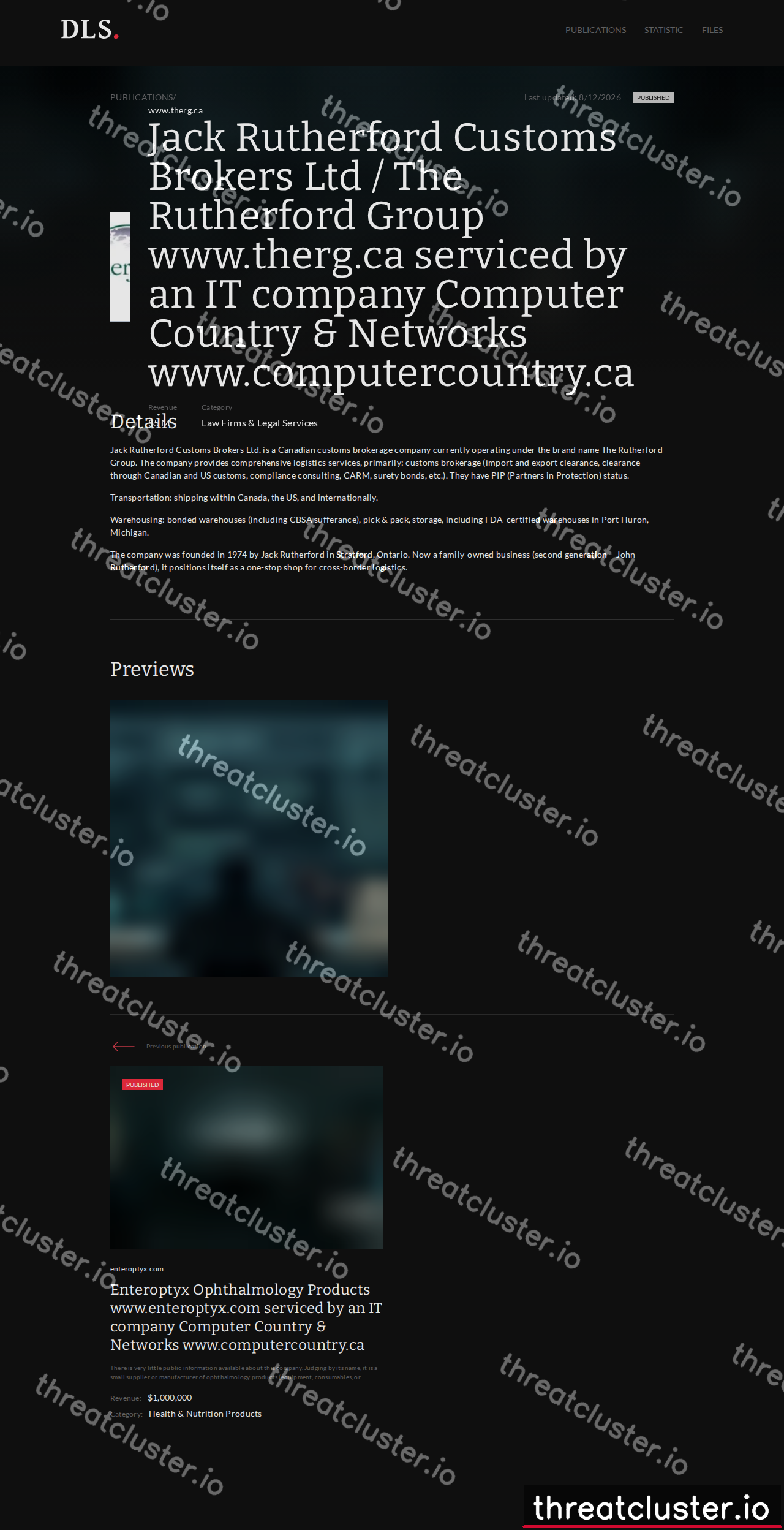 Leak-site post naming Jack Rutherford Customs Brokers Ltd / The Rutherford Group www.therg.ca serviced by an IT ..., captured by ThreatCluster