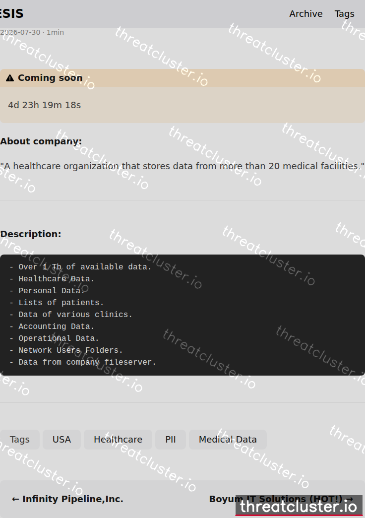 Leak-site post naming ****, captured by ThreatCluster