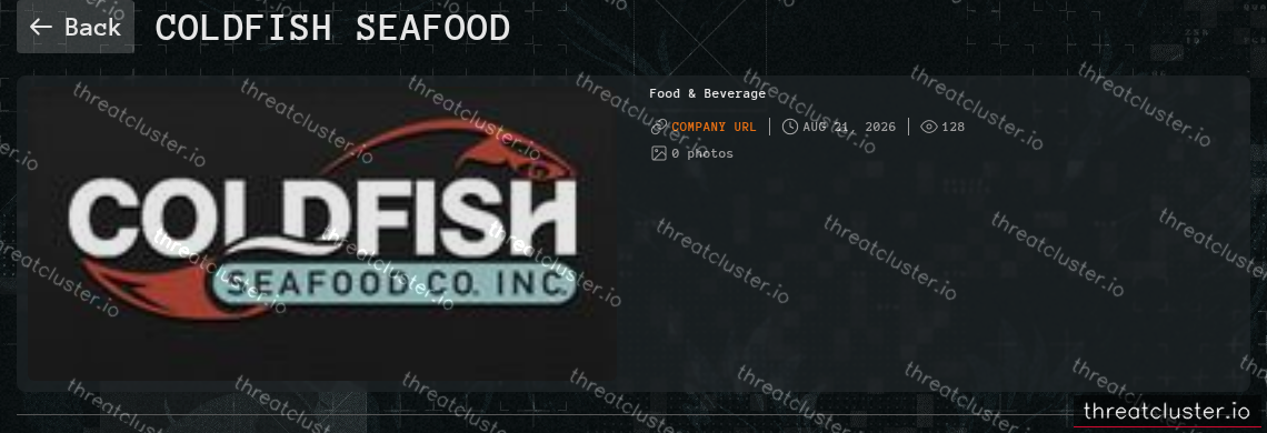 Leak-site post naming Coldfish Seafood, captured by ThreatCluster