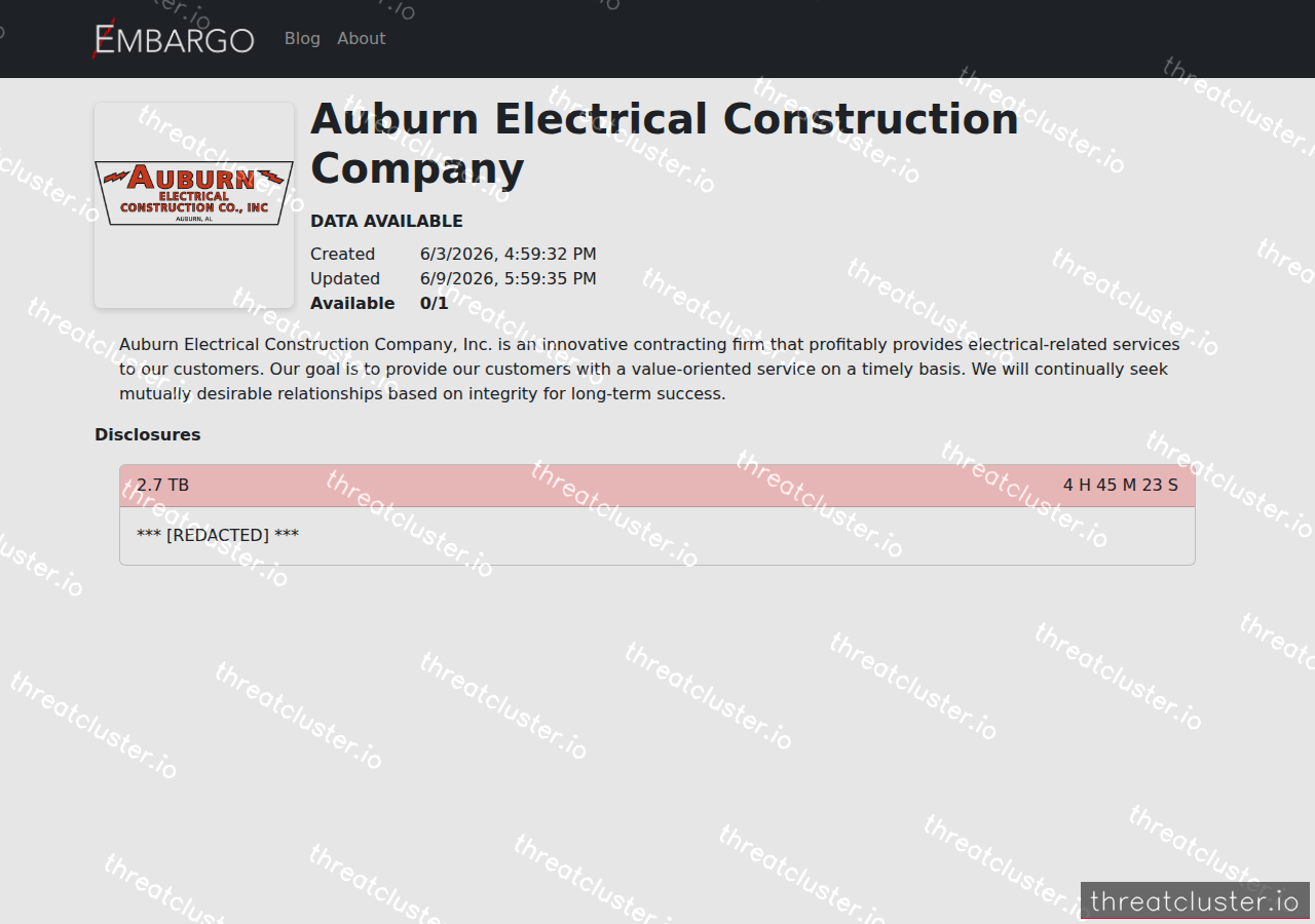 Leak-site post naming Auburn Electrical Construction Company, captured by ThreatCluster