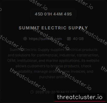 Leak-site post naming Summit Electric Supply, captured by ThreatCluster