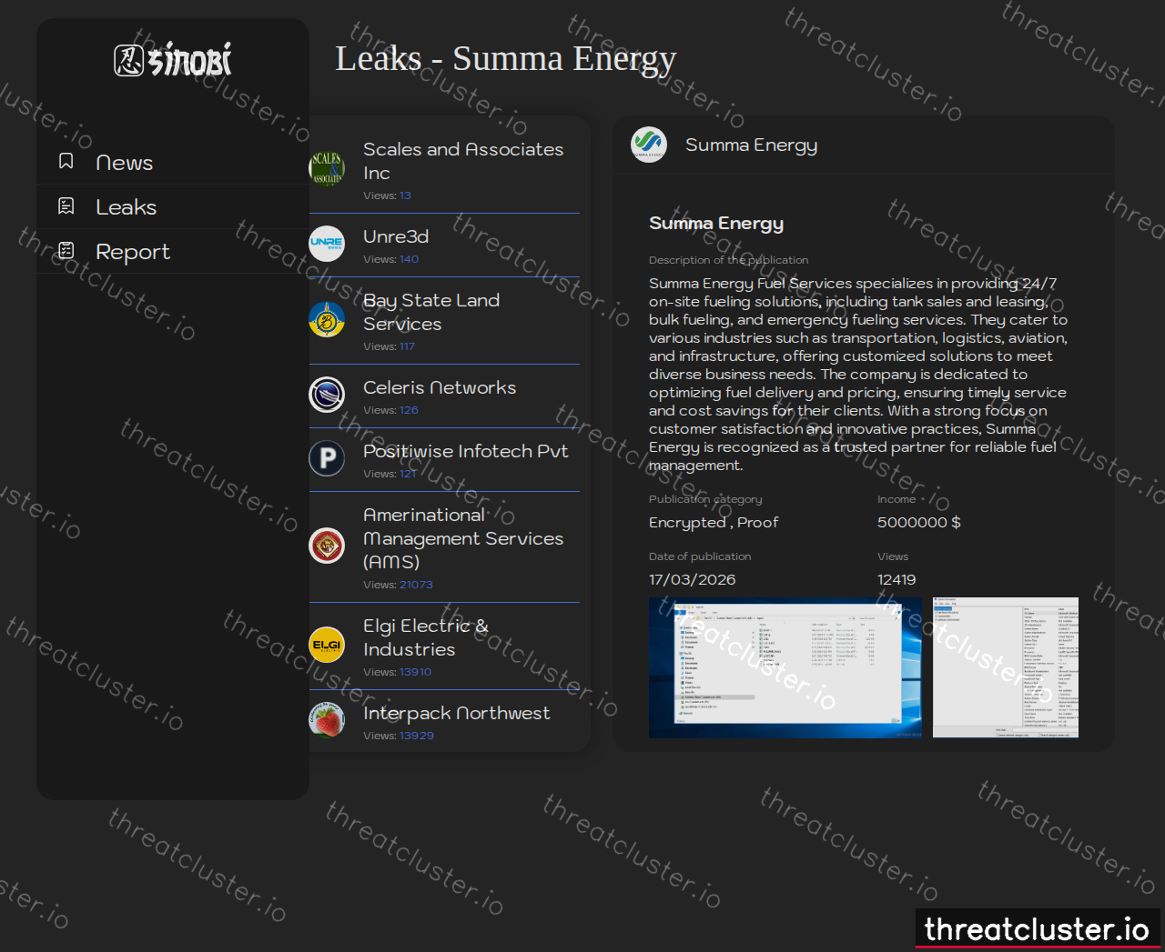 Leak-site post naming Summa Energy, captured by ThreatCluster