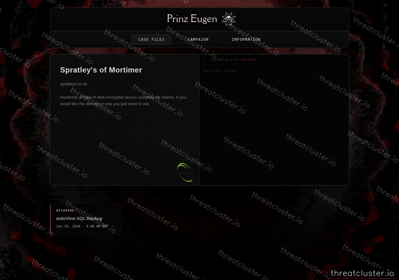 Leak-site post naming Spratley's of Mortimer, captured by ThreatCluster