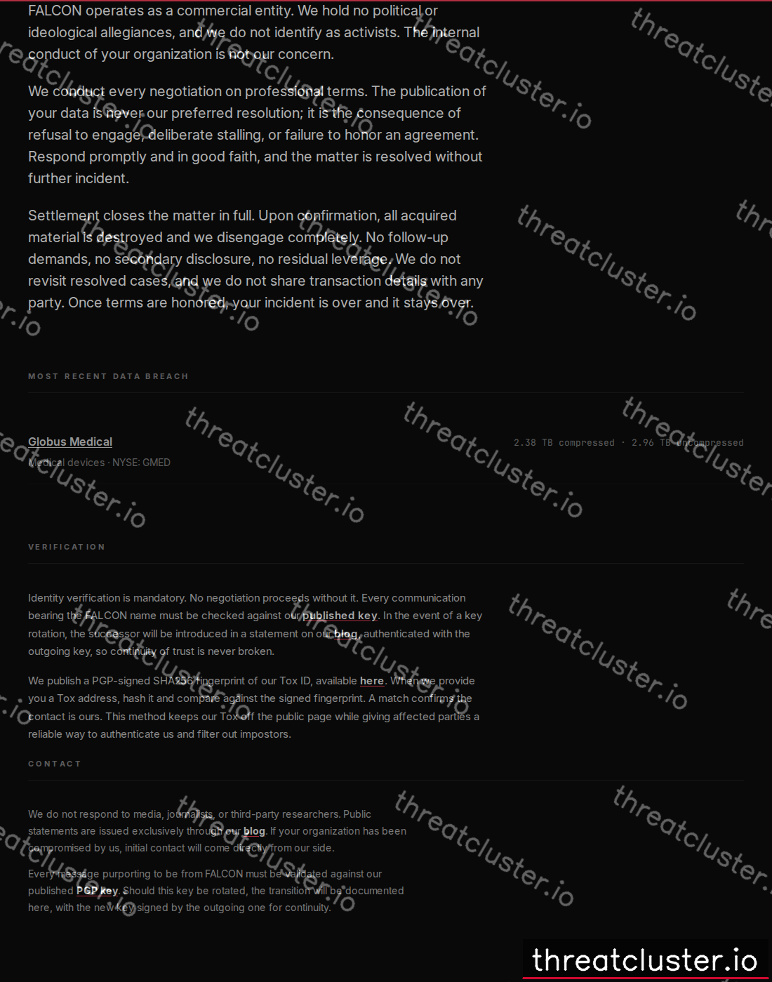 Leak-site post naming Globus Medical, captured by ThreatCluster