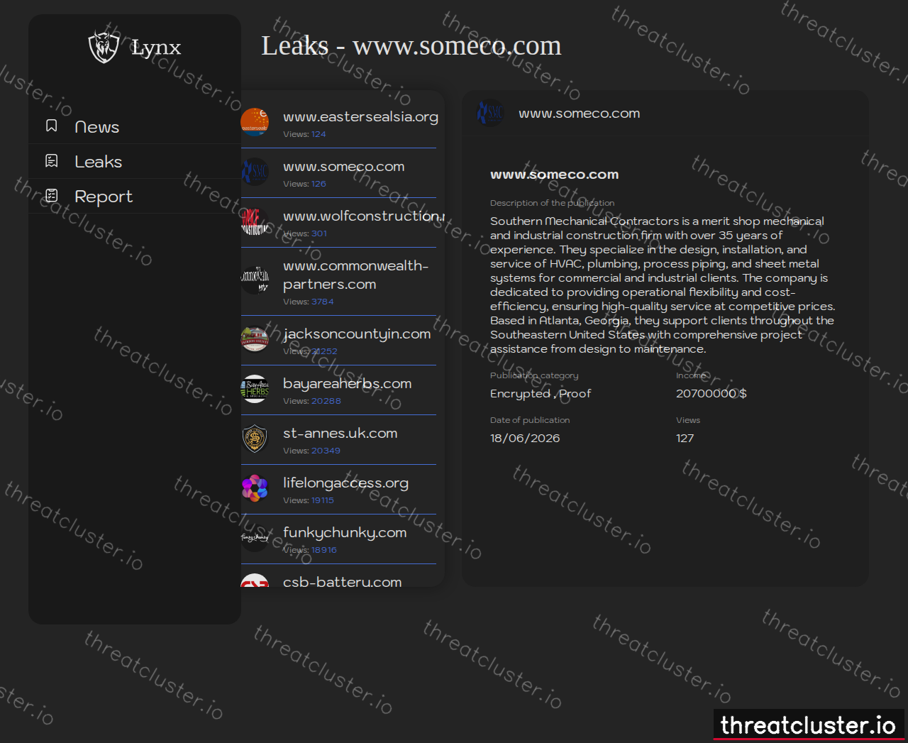 Leak-site post naming www.someco.com, captured by ThreatCluster