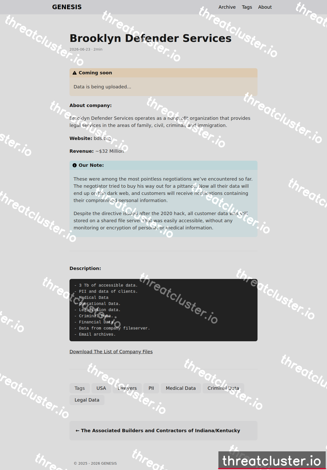 Leak-site post naming Brooklyn Defender Services, captured by ThreatCluster