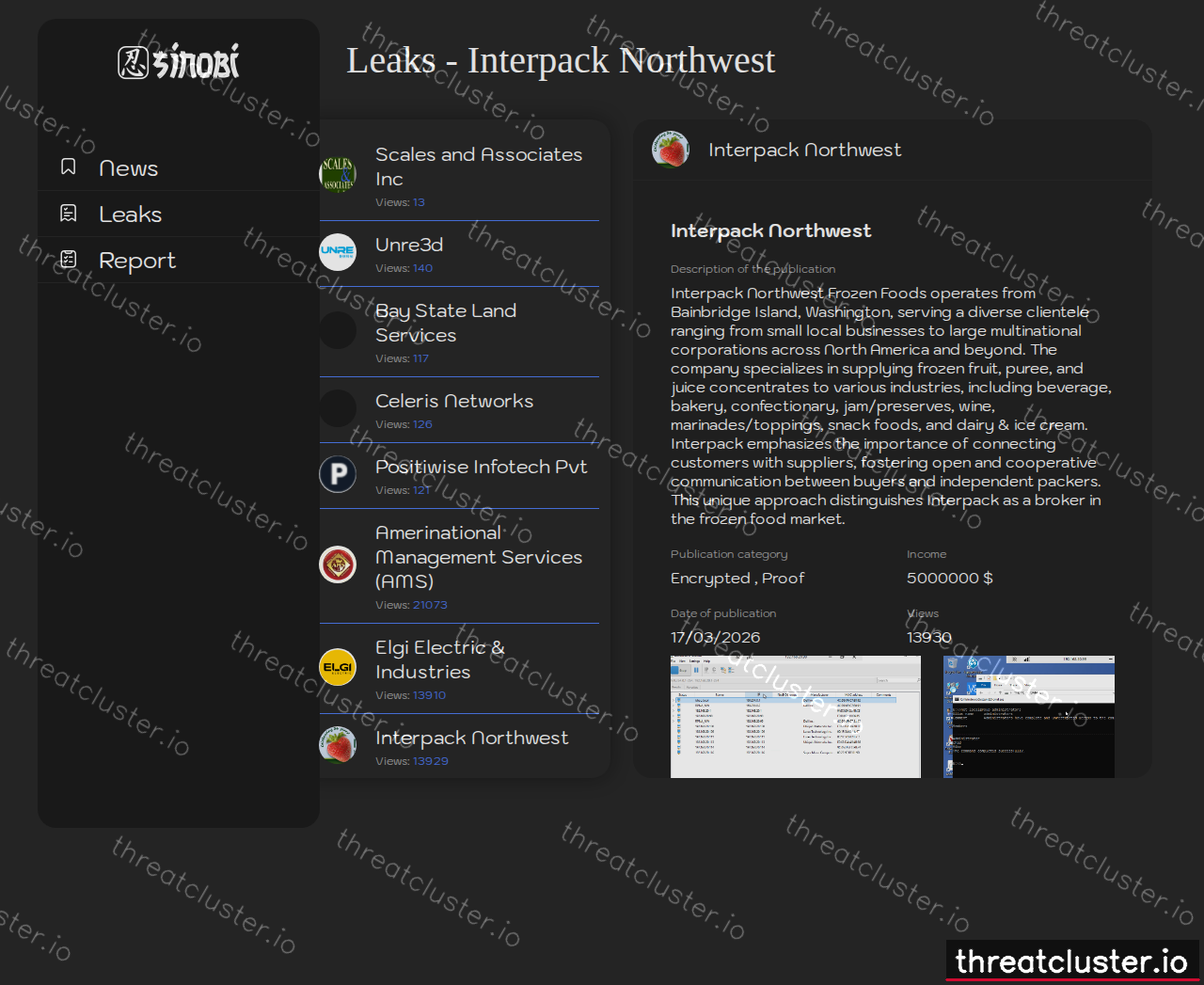 Leak-site post naming Interpack Northwest, captured by ThreatCluster