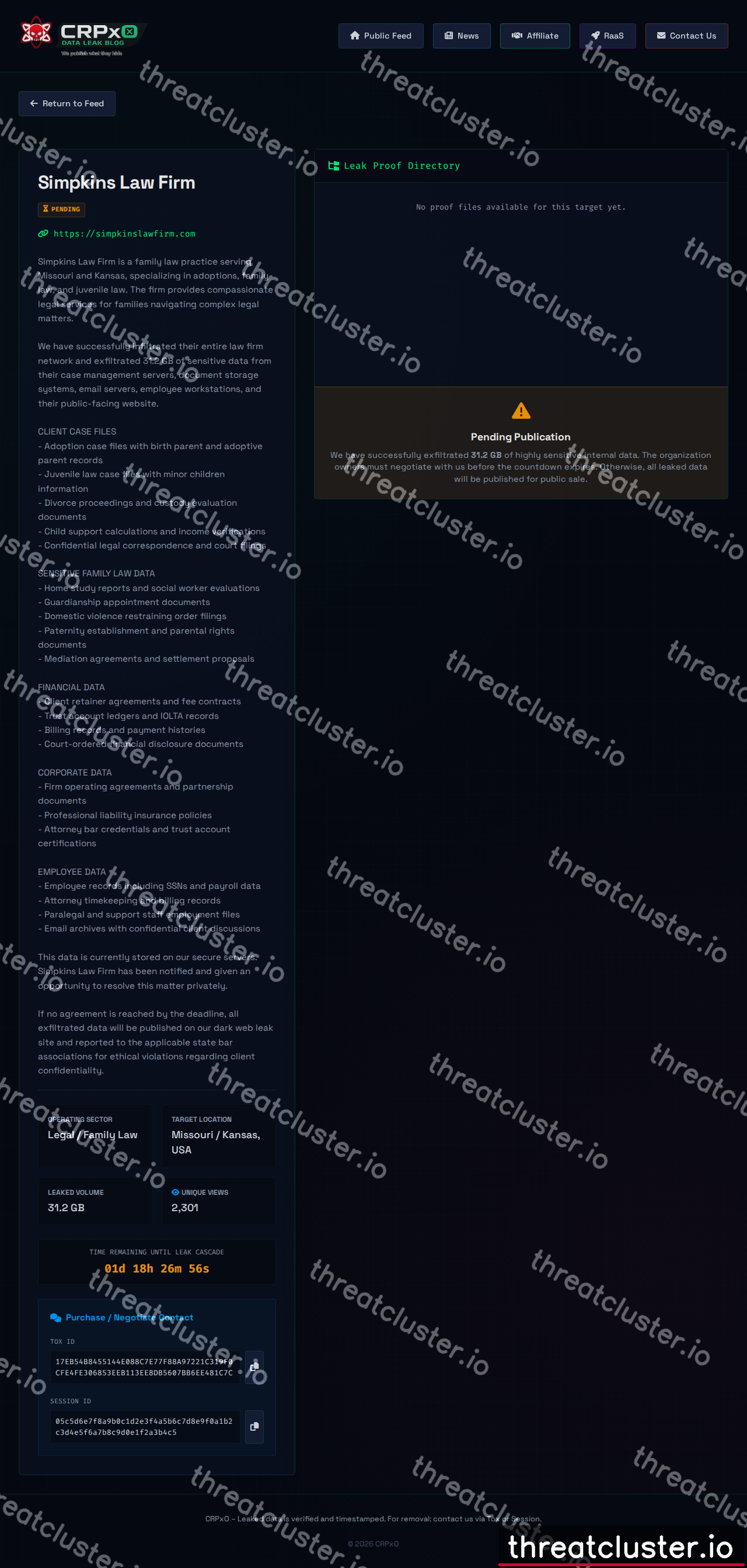 Leak-site post naming Simpkins Law Firm, captured by ThreatCluster