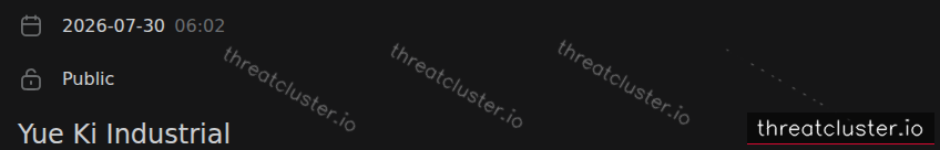 Leak-site post naming Yue Ki Industrial, captured by ThreatCluster