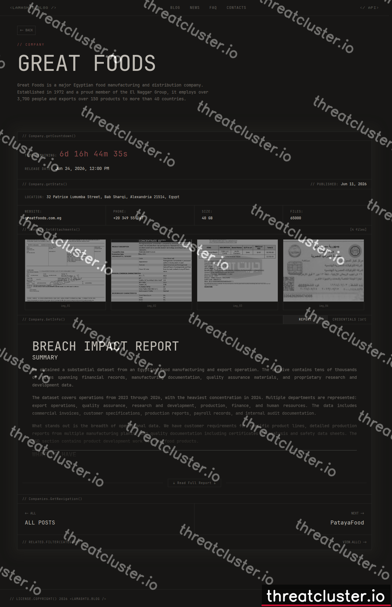 Leak-site post naming Great Foods, captured by ThreatCluster