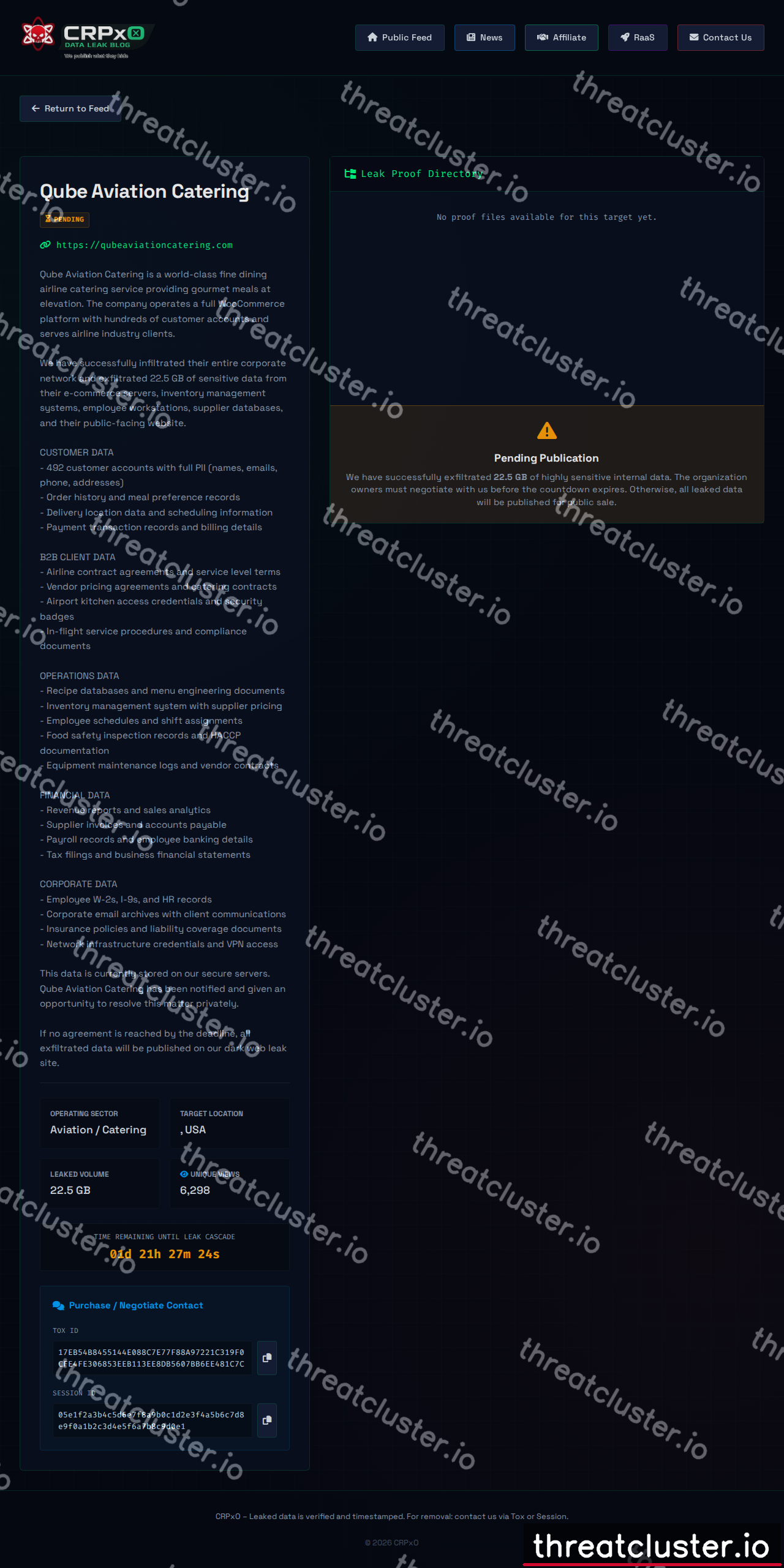 Leak-site post naming Qube Aviation Catering, captured by ThreatCluster