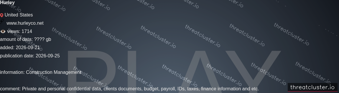 Leak-site post naming Hurley, captured by ThreatCluster