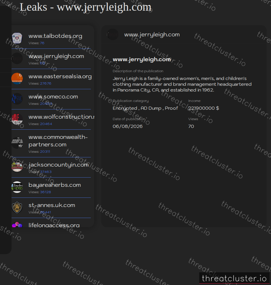 Leak-site post naming www.jerryleigh.com, captured by ThreatCluster