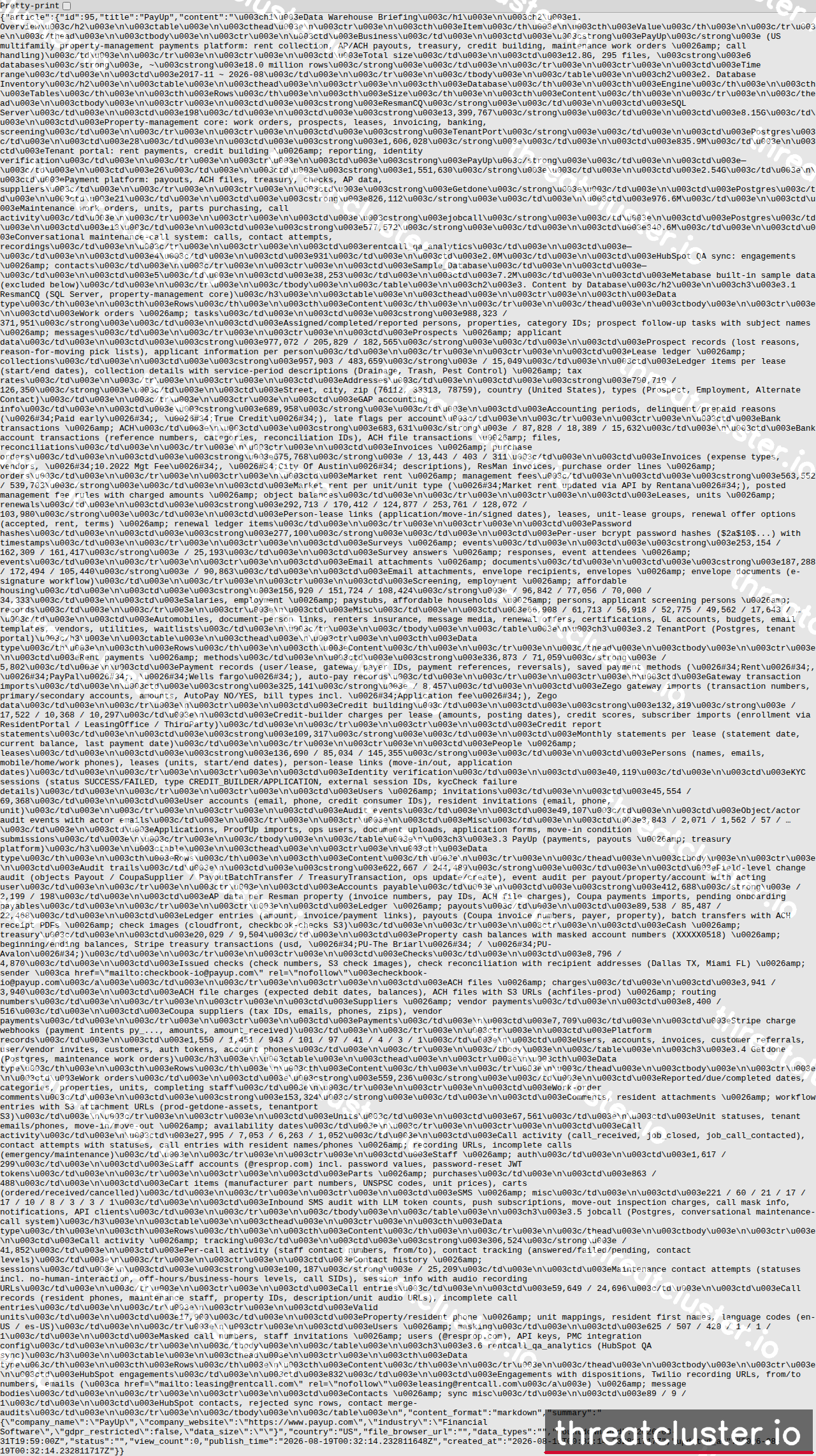 Leak-site post naming PayUp, captured by ThreatCluster