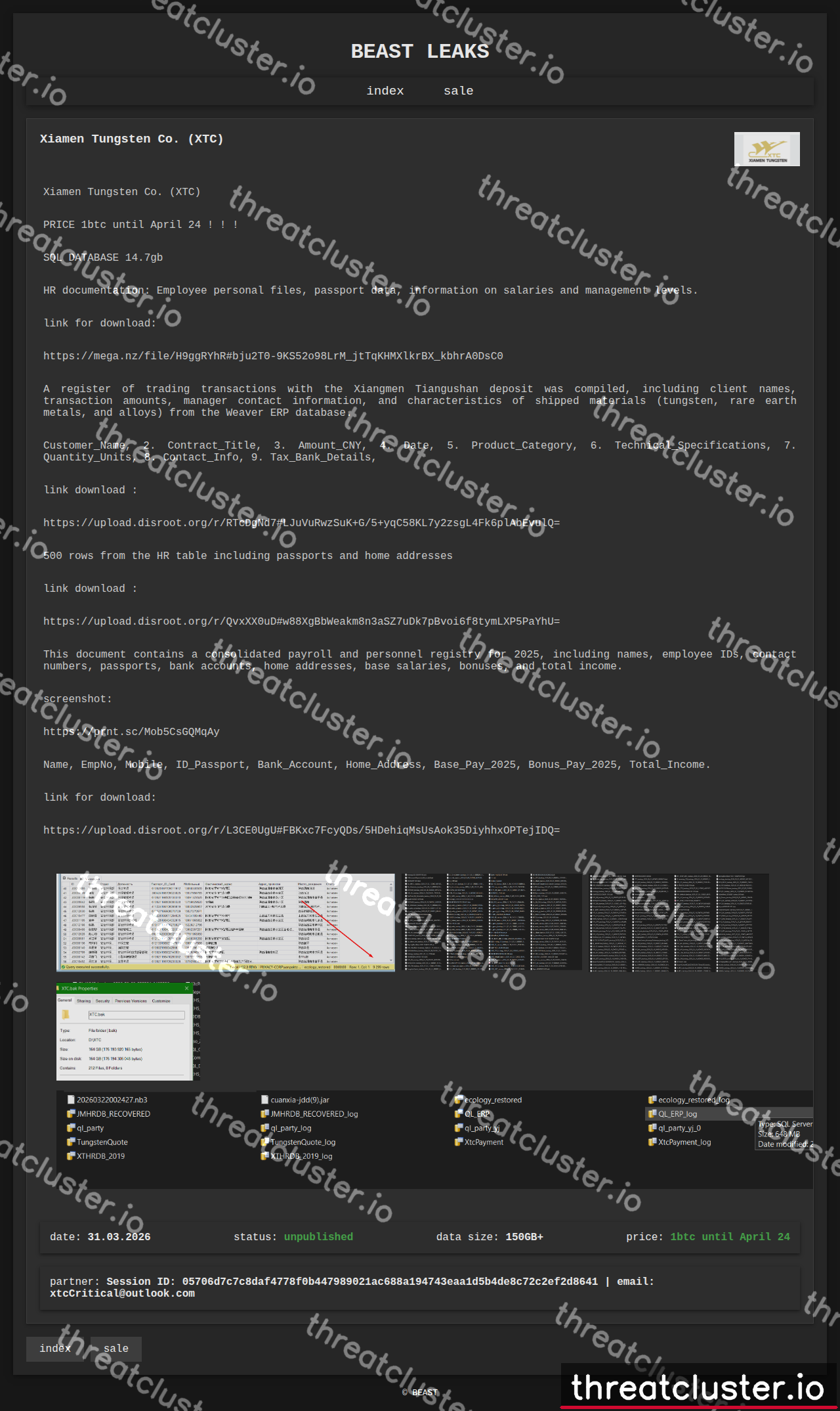 Leak-site post naming Xiamen Tungsten Co. (XTC), captured by ThreatCluster