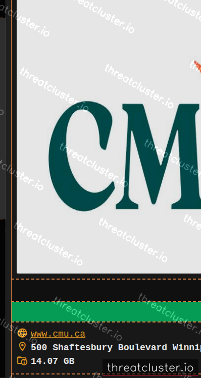 Leak-site post naming Canadian Mennonite University (CMU), captured by ThreatCluster