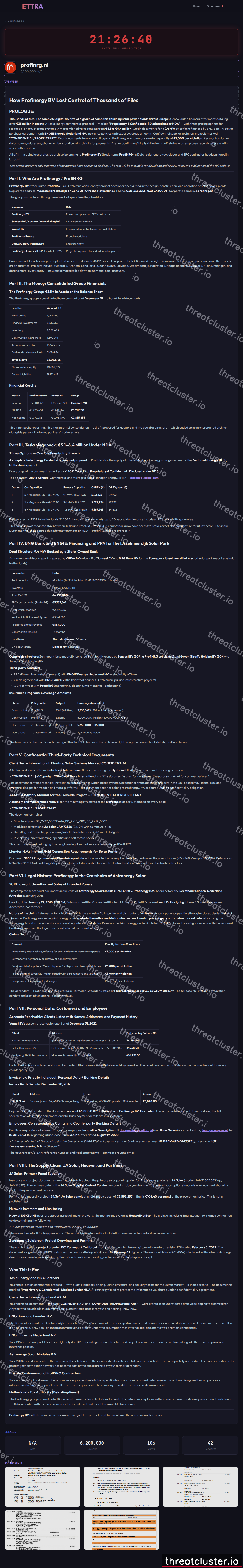 Leak-site post naming profinrg.nl, captured by ThreatCluster