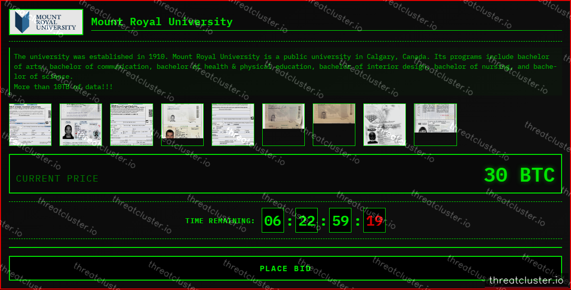 Leak-site post naming Mount Royal University, captured by ThreatCluster