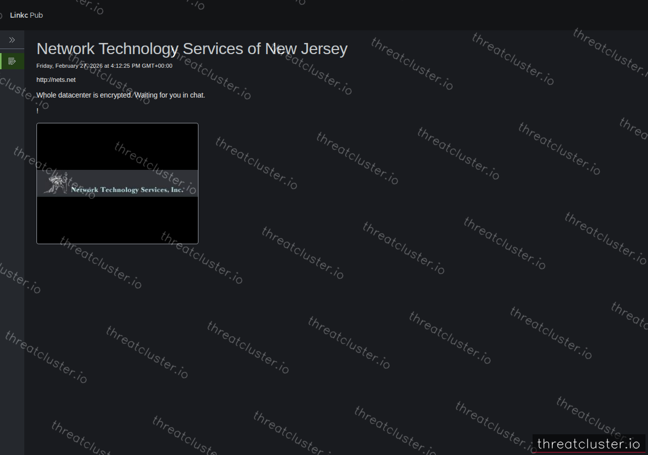 Leak-site post naming Network Technology Services of New Jersey, captured by ThreatCluster
