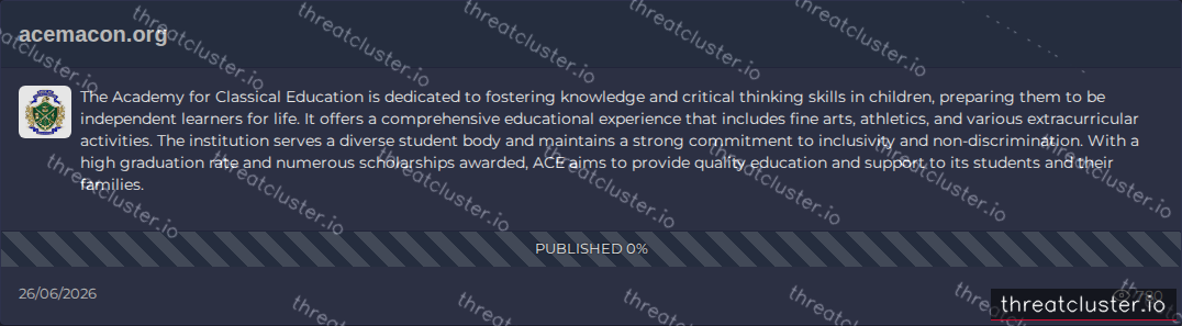Leak-site post naming acemacon.org, captured by ThreatCluster