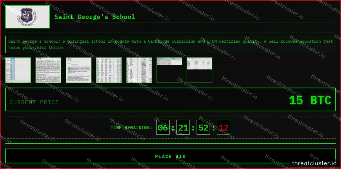Leak-site post naming Saint George's School, captured by ThreatCluster
