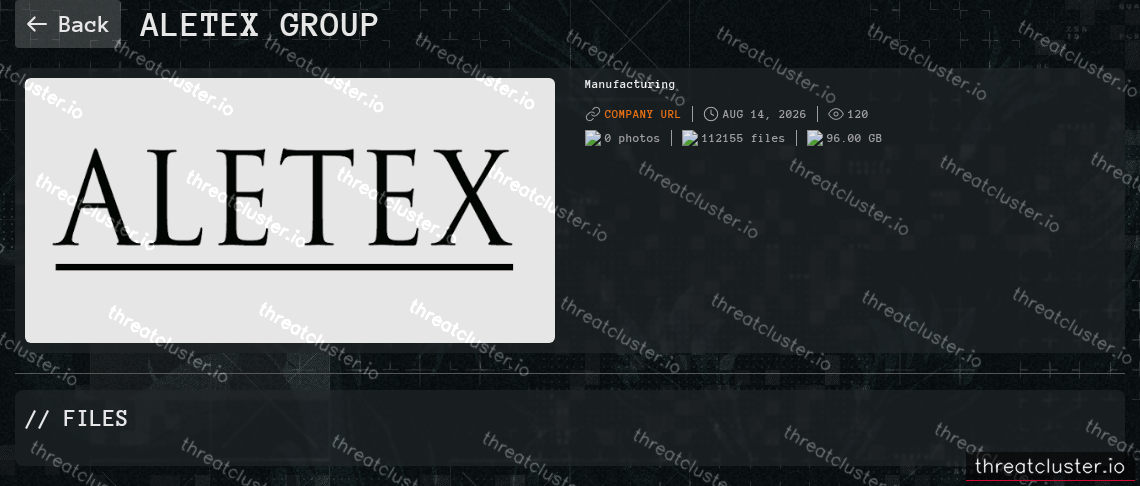 Leak-site post naming Aletex Group, captured by ThreatCluster