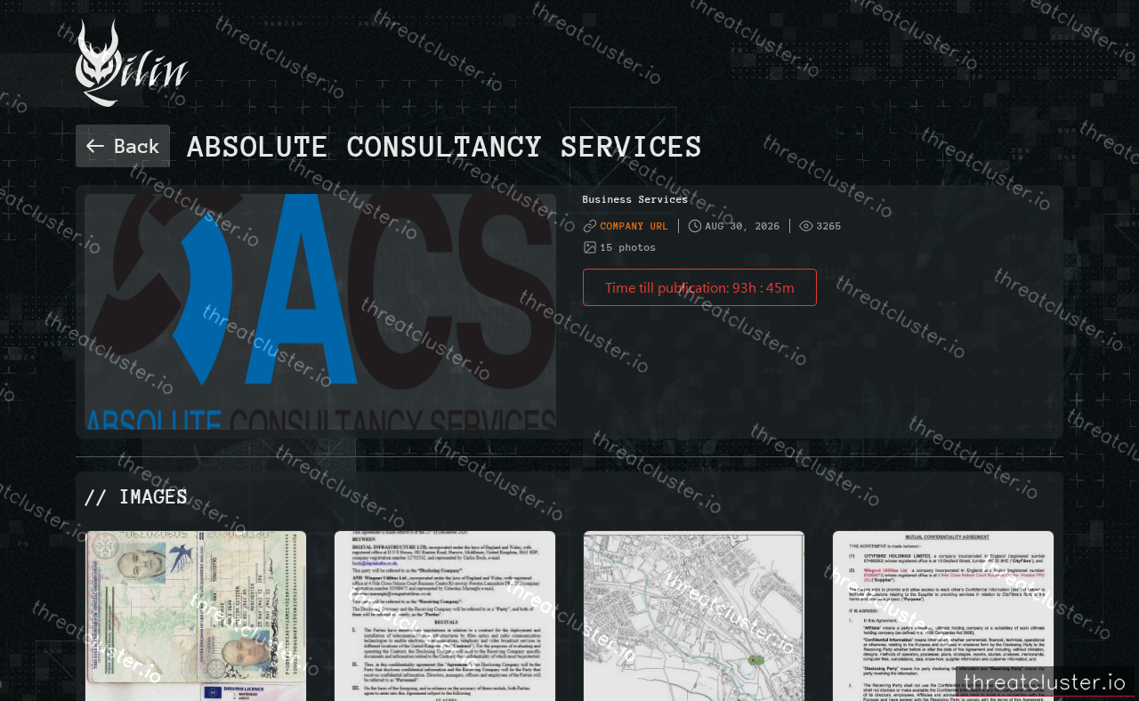 Leak-site post naming Absolute Consultancy Services, captured by ThreatCluster