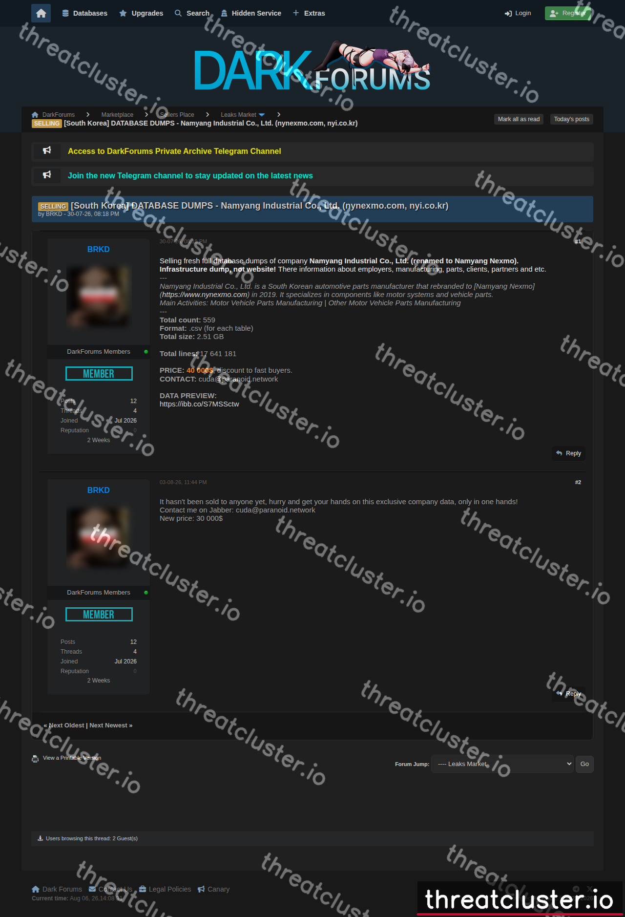 Leak-site post naming Namyang Industrial Co., Ltd. \ NAMYANG NEXMO, captured by ThreatCluster
