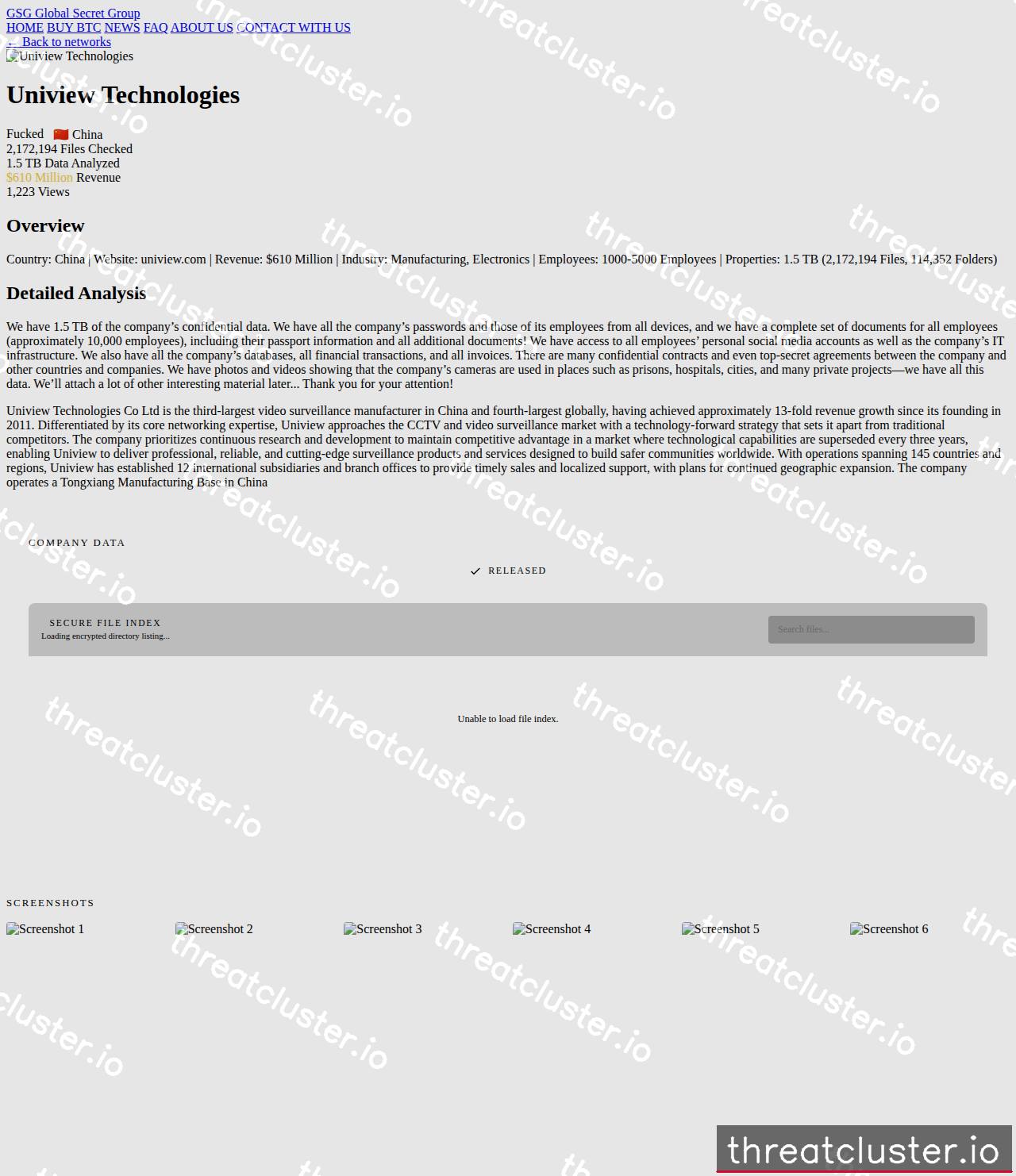 Leak-site post naming Uniview Technologies, captured by ThreatCluster