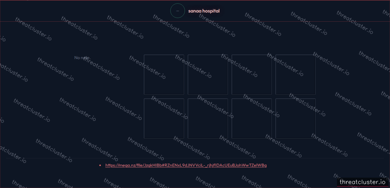 Leak-site post naming sanaa hospital, captured by ThreatCluster