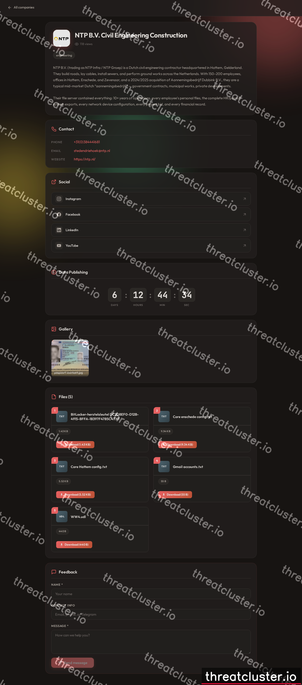 Leak-site post naming NTP B.V. Civil Engineering Construction, captured by ThreatCluster