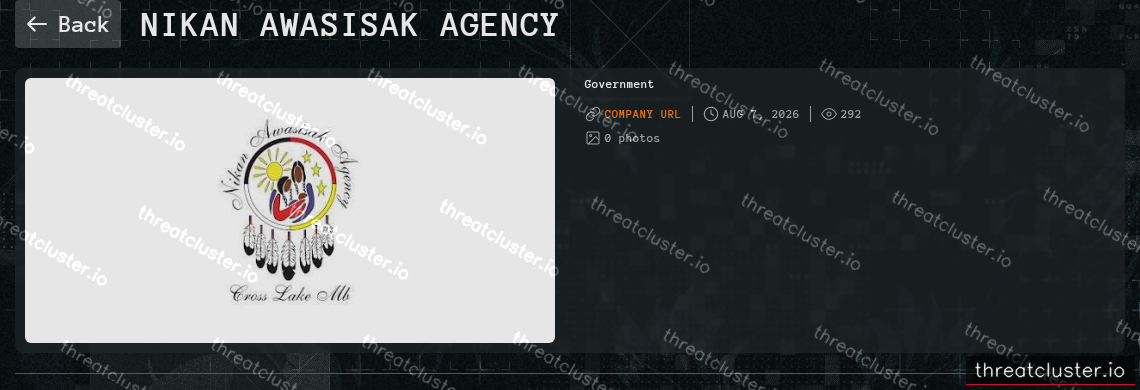 Leak-site post naming Nikan Awasisak Agency, captured by ThreatCluster