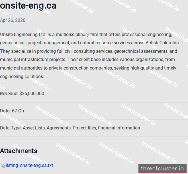 Leak-site post naming onsite-eng.ca, captured by ThreatCluster