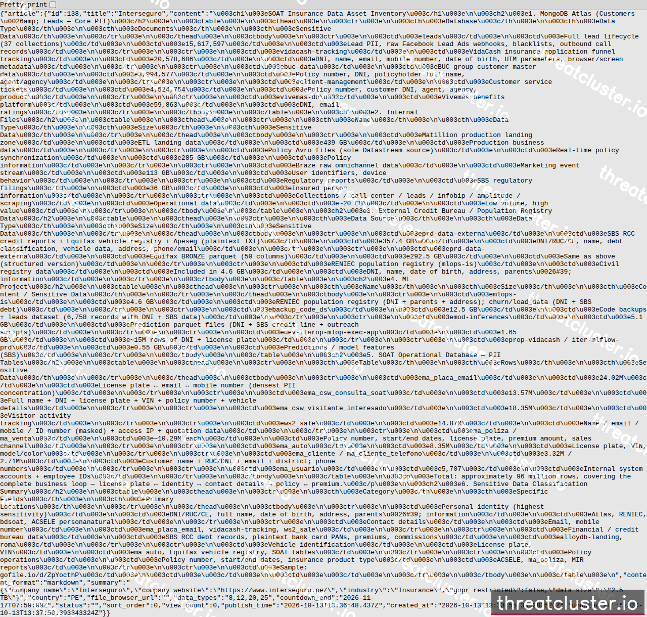 Leak-site post naming Interseguro, captured by ThreatCluster