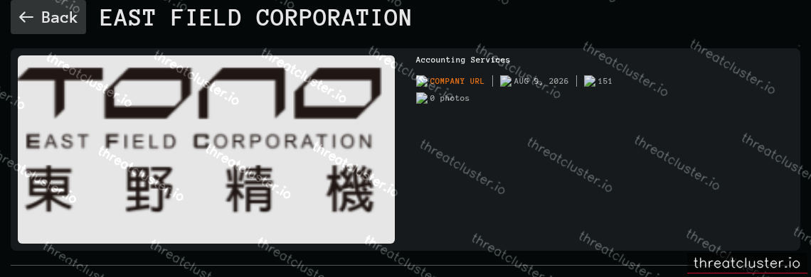 Leak-site post naming East Field Corporation, captured by ThreatCluster