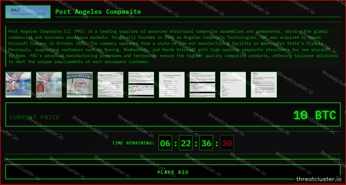 Leak-site post naming Port Angeles Composite, captured by ThreatCluster