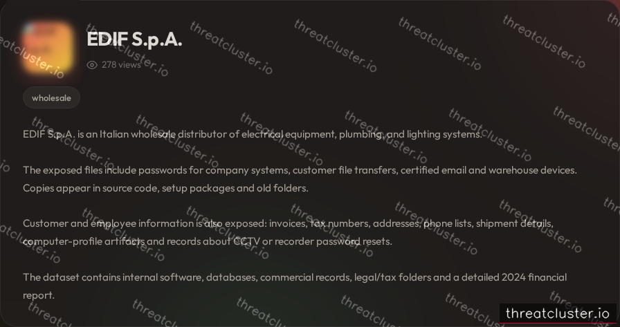 Leak-site post naming EDIF S.p.A., captured by ThreatCluster