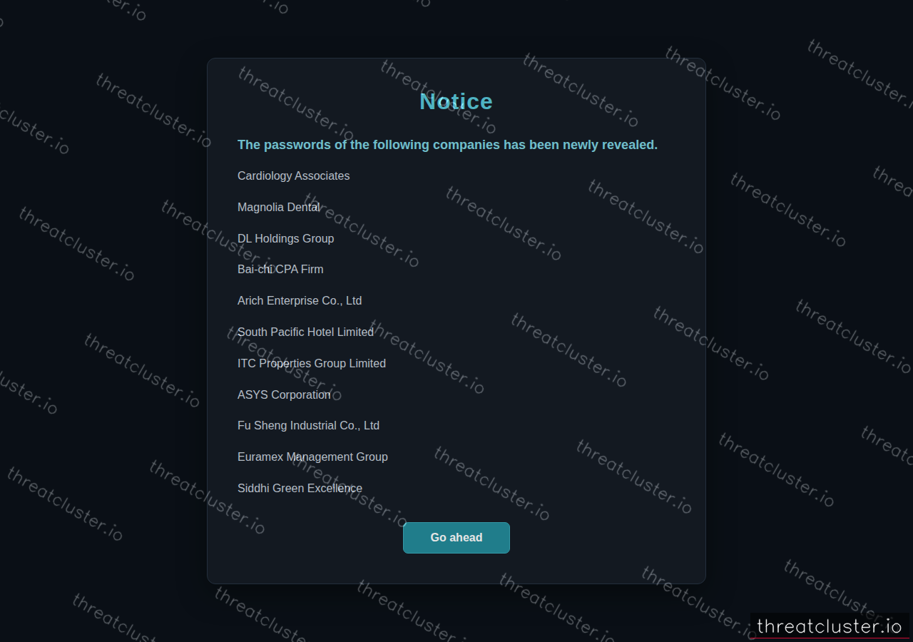 Leak-site post naming Alfameli Group, captured by ThreatCluster