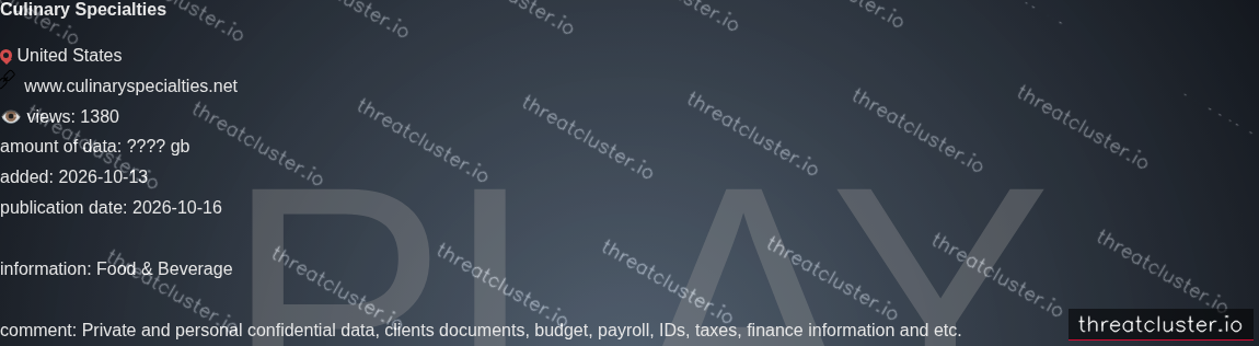 Leak-site post naming Culinary Specialties, captured by ThreatCluster