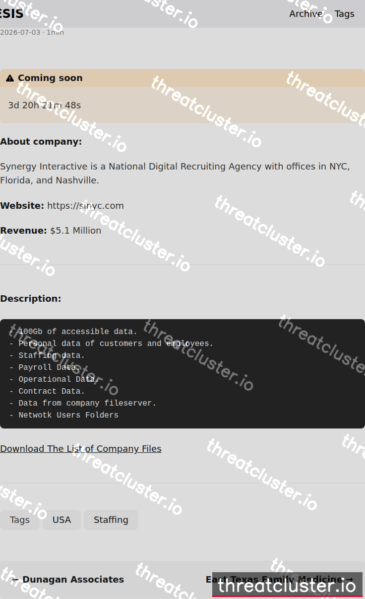 Leak-site post naming Synergy Interactive, captured by ThreatCluster